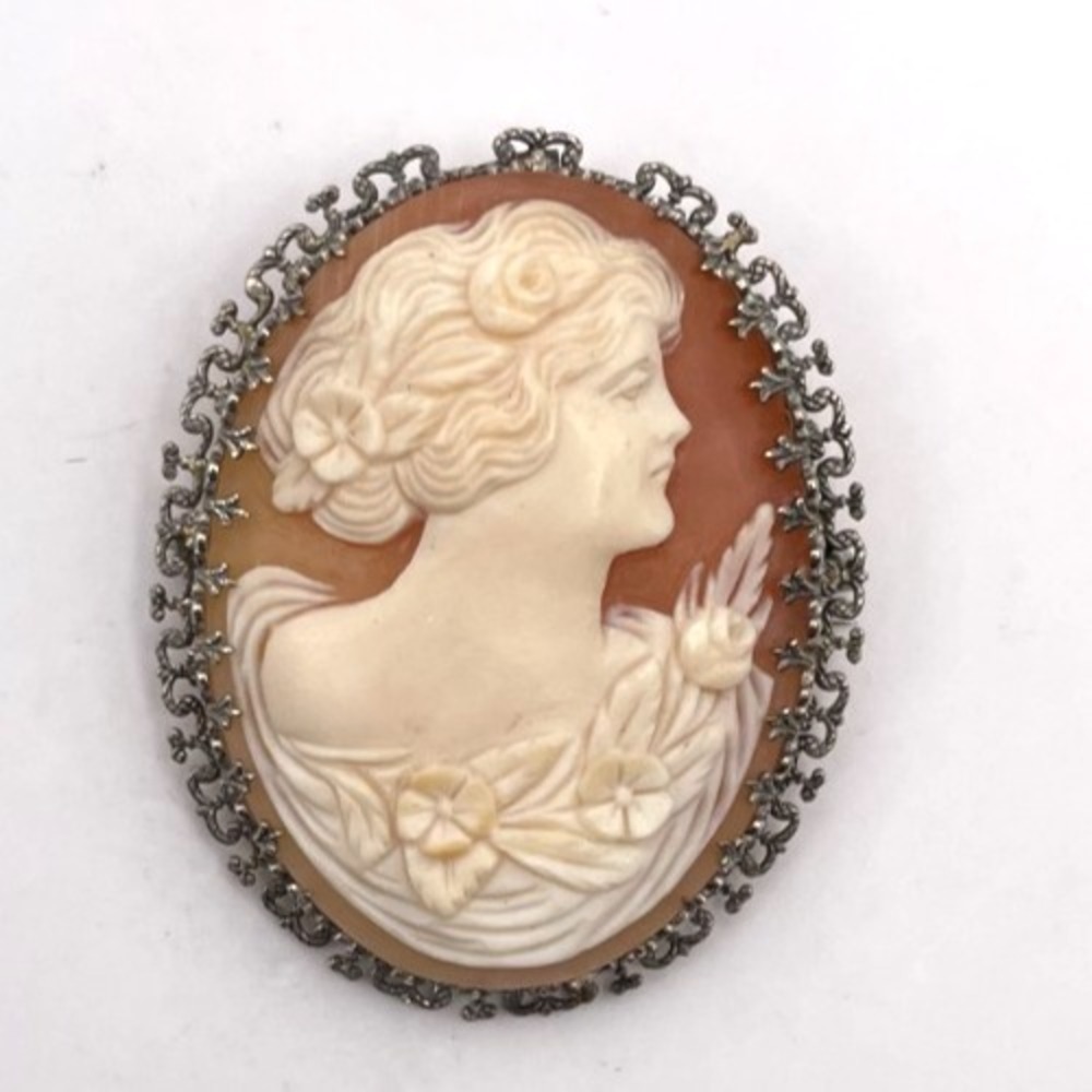 Vintage Antique 14k White Gold Filigree Shell Cameo Brooch Pendant - Hand-Carved